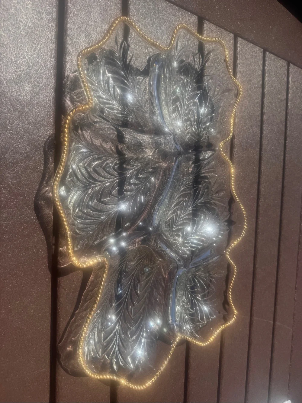 Clear Glass Leaf Serving Tray with Gold Beaded Rim